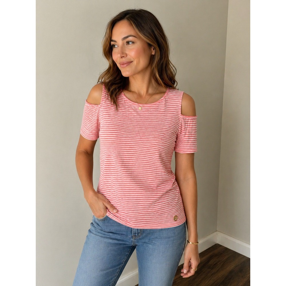 Michael Kors Womens Pink White Striped Cold Shoulder Med Granola Preppy softgirl